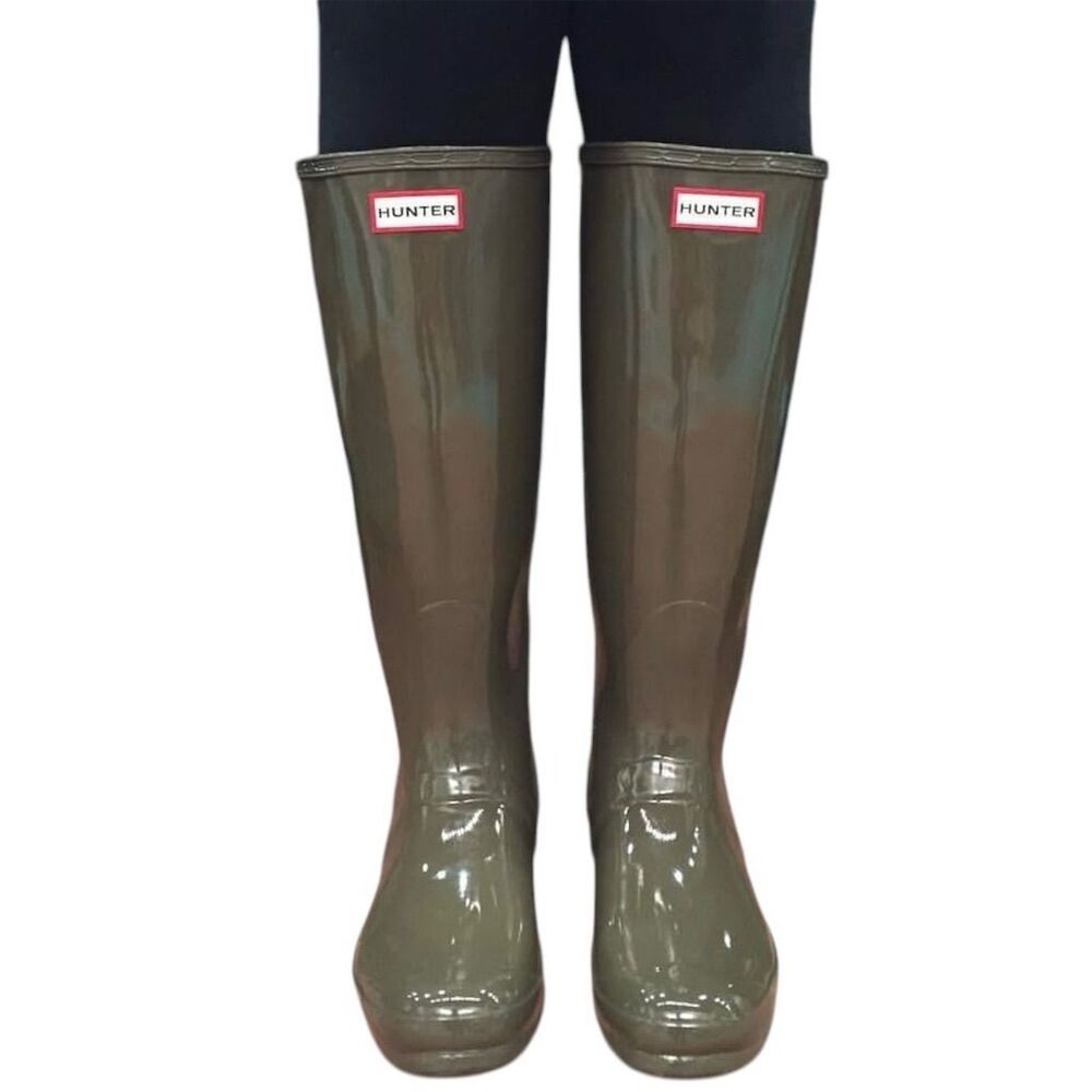 Hunter Olive Green Glossy Tall Adjustable Back Wide Calf Wellington Rain Boots